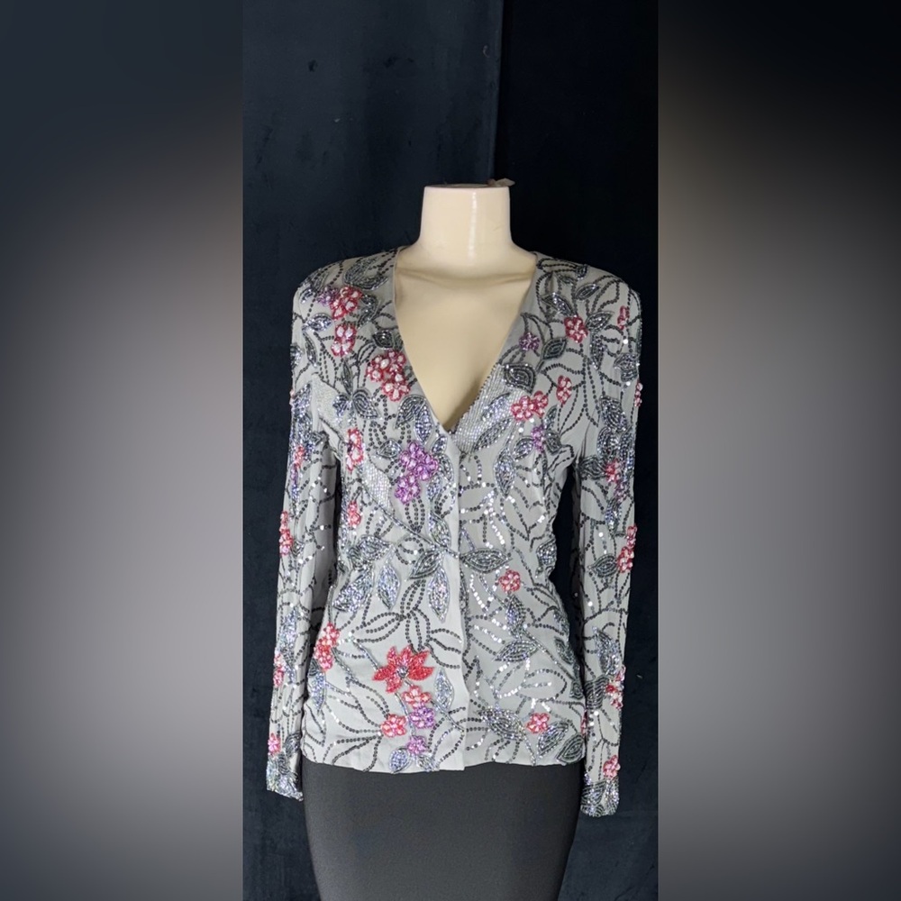 Embellished Floral V-Neck Jacket - Gray with Pink & Purple Accents